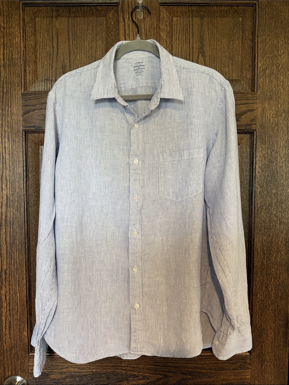 J. Crew Irish Linen by Baird McNutt Light Blue Pinstripe Button-Up Shirt Large
